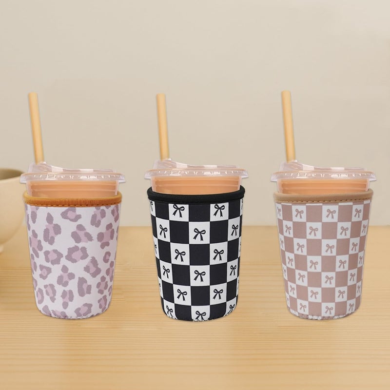 Haevola Reusable Insulated Neoprene Iced Coffee Cup Sleeve, Durable Drink Sleeve for Cold Beverages, Beverage Holder for Iced Coffee, Caramel Checkered Bows - Image 4